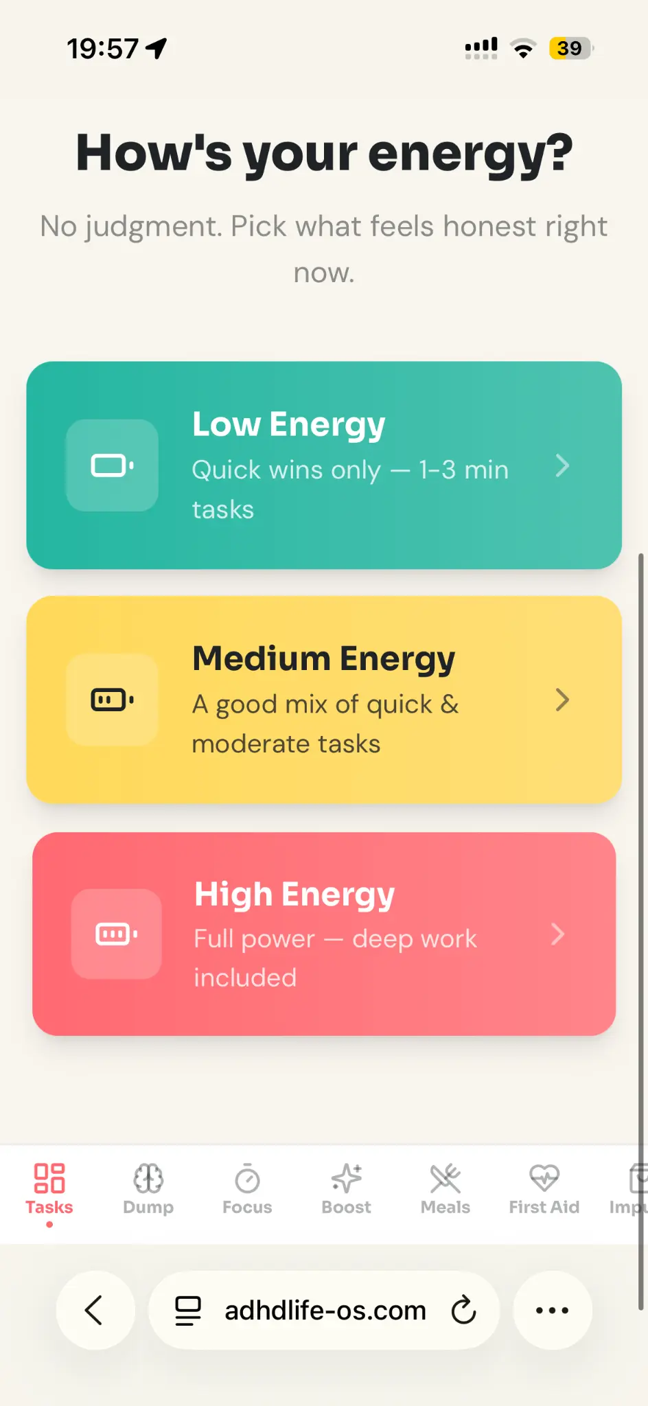 Energy selector screen